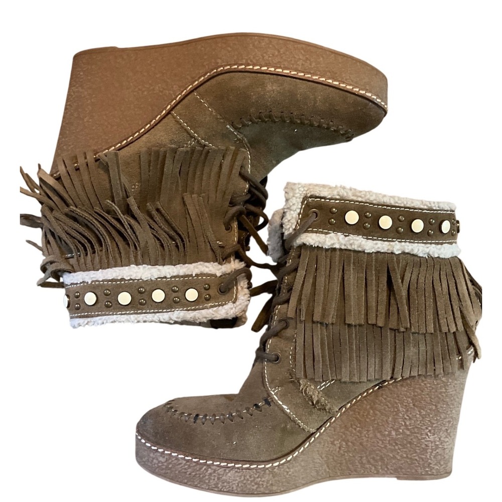 Sam Edelman Tan Suede Fringe Wedge Ankle Boots Studded Shearling Trim 9